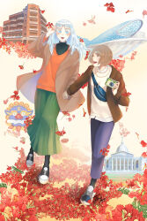  2girls brown_hair camera commentary_request fine_(vampire_in_the_garden) flower green_skirt grey_eyes grey_hair highres holding holding_camera long_hair long_skirt long_sleeves momo_(vampire_in_the_garden) multiple_girls outdoors r1536 real_world_location red_flower shoes short_bangs short_hair short_messy_bangs skirt smile sneakers sweater taiwan vampire_in_the_garden 
