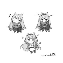  :d animal_ears annoyed arms_up bag bkornblume chibi coat commentary_request covered_mouth eighth_note greyscale highres jacket kemonomimi_mode long_hair monochrome multiple_views musical_note official_alternate_costume reverse:1999 rikini_sushi scarf scarf_over_mouth shirt shoulder_bag skirt smile white_background 