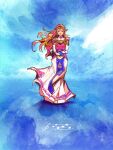  1girl armor blonde_hair blue_background crown dress full_body hair_pulled_back highres holding long_dress long_hair maddestmao multicolored_clothes multicolored_dress musical_note pointy_ears princess_zelda sad short_sleeves shoulder_armor solo the_legend_of_zelda the_legend_of_zelda:_ocarina_of_time 
