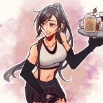  1girl bare_shoulders black_hair black_skirt breasts brown_hair crop_top cup detached_sleeves earrings final_fantasy final_fantasy_vii final_fantasy_vii_remake fingerless_gloves gloves highres holding holding_plate jewelry long_hair midriff navel open_mouth plate ponytail red_eyes seilidare skirt solo suspender_skirt suspenders tank_top tifa_lockhart white_tank_top 