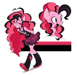  1girl :d ahoge alternate_costume alternate_eye_color alternate_hair_color animal_ears arms_behind_back bare_arms bare_legs bare_shoulders big_hair black_boots black_eyes black_streaks black_tank_top black_trim boots breasts cheek_tattoo closed_mouth colored_skin commentary curly_hair cutie_mark double-parted_bangs dual_persona english_commentary eyeshadow facial_tattoo facing_ahead frilled_skirt frills full_body grin hair_between_eyes heart heart_ahoge heart_print highres horse_ears horse_girl huge_ahoge knee_boots knees_together_feet_apart leaning_forward long_hair looking_ahead makeup miniskirt multicolored_boots multicolored_hair my_little_pony my_little_pony:_equestria_girls my_little_pony:_friendship_is_magic no_pupils open_mouth pink_boots pink_eyeshadow pink_hair pink_skin pinkie_pie pinkie_pie_(equestria_girls) plaid_clothes plaid_skirt purple_skirt raised_eyebrows sidelocks simple_background sketch skirt small_breasts smile solo_focus standing streaked_hair syrupyyyart tank_top tareme tattoo tongue two-tone_boots two-tone_hair very_long_hair walking white_background 