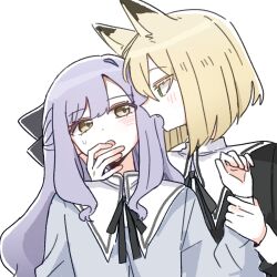  2girls animal_ears blonde_hair blue_hair blush bob_cut commentary_request emma_grace_rosenthal fox_ears green_eyes highres holding_another's_wrist inverted_bob jougasaki_suzuran korean_commentary long_hair long_sleeves multiple_girls open_mouth sayongsa simple_background sweatdrop tayutau_koi_no_chirigiwa_ni upper_body white_background yuri 