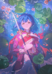  1girl absurdres aiguillette badge belt bird's_eye_view blue_hair buttons chaconne chinese_commentary collared_shirt commentary_request cowboy_shot epaulettes expressionless flower from_above fur-trimmed_jacket fur_trim grey_belt hanayagi_kaoruko hand_on_own_stomach high_collar highres holding holding_polearm holding_weapon jacket jacket_on_shoulders lily_pad long_sleeves looking_at_viewer lying medium_hair naginata on_back on_water parted_lips partially_submerged peach_blossom petals petals_on_liquid pink_flower pink_jacket polearm red_jacket red_sash ripples sash shirt shoujo_kageki_revue_starlight shoulder_sash solo star_(symbol) straight-on tassel waist_cape water weapon white_shirt yellow_eyes 