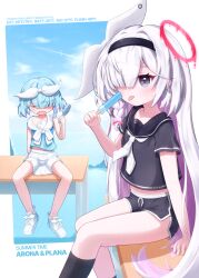  absurdres arona_(blue_archive) blue_archive dolphin_shorts food halo hand_fan highres holding holding_fan ice_cream looking_at_viewer on_table plana_(blue_archive) popsicle sailor_collar shorts sitting sorakumo summer summer_uniform table 