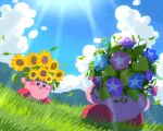  clouds cloudy_sky day falling_petals fighting_stance flower frown grass head_wreath kirby kirby_(series) leaf looking_at_viewer miclot mountain mountainous_horizon open_mouth outstretched_arms petals sky spread_arms sun sunflower sunlight 