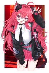  1girl absurdres animal_ears black-framed_eyewear black_gloves black_jacket cat_ears cat_girl cat_tail chicami collared_shirt commentary fingerless_gloves glasses gloves hair_ornament hand_on_own_leg highres jacket long_hair looking_at_viewer nanally_(nte) neverness_to_everness open_mouth red_eyes red_hair red_skirt shirt skirt smile solo tail untranslatable_commentary very_long_hair white_shirt x_hair_ornament 