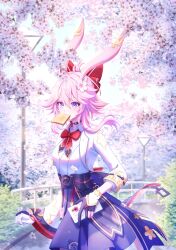 1girl animal_ears asymmetrical_gloves black_gloves bread bread_slice commentary day evanescia_(honkai:_star_rail) flower food food_in_mouth gloves hair_between_eyes hair_flower hair_ornament highres holding holding_phone honkai:_star_rail honkai_(series) long_sleeves mismatched_gloves mouth_hold naemi_fay outdoors partially_fingerless_gloves phone pink_flower pink_hair purple_skirt shirt short_hair_with_long_locks skirt solo toast toast_in_mouth upper_body violet_eyes white_gloves white_shirt 