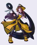  1girl absurdres anchor guilty_gear hat highres holding holding_anchor looking_at_viewer may_(guilty_gear) open_mouth orange_footwear orange_headwear pirate pirate_hat purple_z skull_and_crossbones solo white_background 