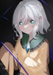  1girl absurdres bangs black_background closed_mouth green_eyes grey_hair hair_between_eyes heart heart-shaped_pupils highres komeiji_koishi l_neconeco_l long_sleeves looking_at_viewer shirt short_hair sidelocks simple_background solo symbol-shaped_pupils touhou upper_body wide_sleeves yellow_shirt 