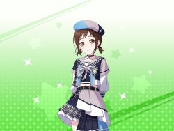 1girl badge bang_dream! belt beret black_belt blush brown_eyes brown_hair collar earrings hat hazawa_tsugumi layered_skirt long_sleeves midriff_peek official_art plaid sailor_collar short_hair short_twintails skirt solo sparkle star_(symbol) twintails