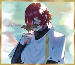  1boy ageillust bird bird_on_hand black_shirt blush closed_eyes flower gold_border hair_flower hair_ornament half_updo hanasaki_miyabi hanasaki_miyabi_(1st_costume) highres holostars kyomu_suzume layered_sleeves long_sleeves male_focus pink_flower pinstripe_pattern pinstripe_shirt red_hair ribbon shirt short_hair short_over_long_sleeves short_sleeves smile striped_clothes striped_shirt upper_body vertical-striped_clothes vertical-striped_shirt virtual_graduation_commemoration virtual_youtuber white_shirt yellow_ribbon 
