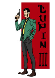  1boy absurdres arsene_lupin_iii belt belt_buckle black_eyes black_hair black_shirt brown_shoes buckle character_name cigarette closed_mouth commentary english_commentary facial_hair full_body green_jacket grey_pants gun hand_in_pocket handgun highres holding holding_gun holding_weapon jacket krisskringle long_sideburns long_sleeves lupin_iii male_focus mouth_hold necktie open_clothes open_jacket pants photoshop_(medium) shirt shoes short_hair sideburns solo standing walther_p38 weapon yellow_necktie 