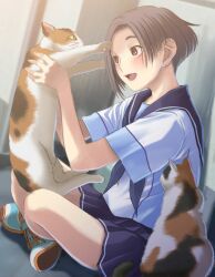  1girl animal asymmetrical_hair black_hair blue_neckerchief blue_sailor_collar blue_skirt blush bob_cut brown_eyes calico_(pattern) calico_cat cat dutch_angle forehead from_side full_body hands_up highres holding holding_animal indian_style kobayakawa_rinko looking_at_animal love_plus miniskirt neckerchief official_art open_mouth outdoors parted_bangs pleated_skirt sailor_collar school_uniform serafuku shoes short_hair short_sleeves sitting skirt smile solo summer_uniform towano_high_school_uniform white_shoes 