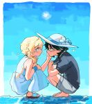  1boy 1girl alternate_costume barefoot black_hair blonde_hair day dress eye_contact flower genshin_impact green_hair hair_between_eyes hand_on_another&#039;s_cheek hand_on_another&#039;s_face hat hat_flower hetero highres isaraa_005 korean_commentary looking_at_another lumine_(genshin_impact) multicolored_hair outdoors sandals shirt short_hair_with_long_locks short_sleeves shorts sky sleeveless sleeveless_shirt sparkle squatting sun_hat tears water white_dress white_flower white_headwear xiao_(genshin_impact) yellow_eyes 