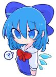  1girl ? bangs blue_dress blue_eyes blue_hair breasts cirno collared_shirt dress fairy_wings highres ice ice_wings neck_ribbon op_na_yarou pinafore_dress puffy_short_sleeves puffy_sleeves red_ribbon ribbon shirt short_hair short_sleeves simple_background small_breasts solo speech_bubble touhou white_background white_shirt wings 