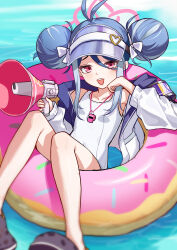  1girl absurdres amamiyayk bare_legs blue_archive blue_hair commentary_request double_bun fubuki_(blue_archive) fubuki_(swimsuit)_(blue_archive) hair_bun halo highres holding holding_megaphone innertube jacket looking_at_viewer megaphone open_mouth pink_eyes sitting solo swim_ring visor_cap whistle white_jacket 