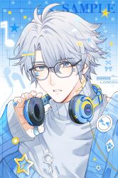  1boy absurdres alternate_costume bespectacled black-framed_eyewear blue_eyes blue_sweater earphones earphones glasses grid_background hair_between_eyes headphones headphones_around_neck highres honkai:_star_rail honkai_(series) loading_icon long_sleeves male_focus mobtop99 musical_note neck_tattoo parted_bangs parted_hair parted_lips phainon_(honkai:_star_rail) sample_watermark shirt sleeves_past_wrists solo star_(symbol) sun_symbol sun_tattoo sweater tattoo turtleneck unworn_headphones upper_body watermark white_shirt 
