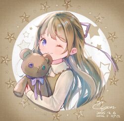  1girl blue_eyes border brown_background brown_hair brown_theme brown_vest button_eyes buttons child closed_mouth collared_shirt commentary_request cyan_(sasukeone3) dated hair_ribbon highres holding holding_stuffed_toy long_hair long_sleeves looking_at_viewer one_eye_closed original outside_border purple_ribbon redrawn ribbon round_border shirt signature smile solo star_(symbol) star_symbol_background stuffed_animal stuffed_toy teddy_bear upper_body vest wavy_hair white_shirt 
