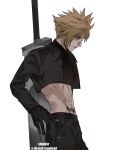  1boy abs alternate_costume aqua_eyes black_gloves black_jacket black_pants black_shirt blonde_hair buster_sword cloud_strife cropped_jacket final_fantasy final_fantasy_vii final_fantasy_vii_remake gloves hand_on_hip highres jacket looking_down male_focus muscular muscular_male pants shinjikokoro shirt short_hair solo spiky_hair tattoo_on_hips upper_body weapon weapon_on_back white_background 