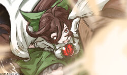  1girl absurdres arm_cannon artist_name bow breasts brown_hair cape commentary_request control_rod_(touhou) dated green_bow green_skirt hair_bow highres incoming_attack large_breasts long_hair looking_at_viewer one-hour_drawing_challenge open_mouth red_eyes reiuji_utsuho shirt skirt smile solo third_eye touhou ve1024 weapon white_cape white_shirt 