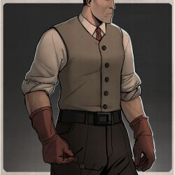  1boy absurdres belt black_belt border brown_pants brown_vest closed_mouth collared_shirt commentary disposable_gloves eyes_out_of_frame gloves head_out_of_frame highres male_focus medic_(tf2) necktie oblique-lane outside_border pants red_gloves red_medic_(tf2) red_necktie shirt solo standing team_fortress_2 variant_set vest white_shirt 