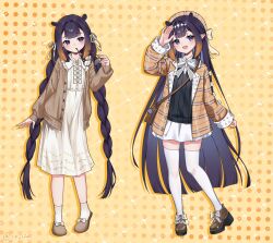  1girl :d alternate_costume ankle_socks bag ben-day_dots beret black_sweater blue_eyes blunt_bangs blunt_ends blush bow bowtie braid brown_cardigan brown_hat brown_jacket brown_shoes cardigan center-flap_bangs collared_shirt commentary diamond_hairband double-parted_bangs dress dress_shirt fang full_body glasses gradient_hair hair_bow hair_intakes hair_ribbon hat highres holding holding_removed_eyewear hololive hololive_english jacket long_hair long_sleeves looking_at_viewer low_twin_braids mole mole_under_eye multicolored_hair multiple_views ninomae_ina'nis open_cardigan open_clothes open_jacket open_mouth orange_hair plaid_clothes plaid_hat plaid_jacket pointy_ears purple_hair ribbon rie_ccat screentones shirt shoes shoulder_bag sidelocks skirt slippers smile socks standing sweater takodachi_(ninomae_ina'nis) tentacle_hair thigh-highs twin_braids twintails two-tone_hair unworn_eyewear very_long_hair virtual_youtuber white_bow white_bowtie white_dress white_ribbon white_shirt white_skirt white_socks white_thighhighs yellow-framed_eyewear yellow_background zettai_ryouiki 