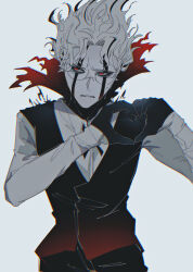  1boy absurdres black_gloves black_pants black_ribbon black_vest clenched_teeth commentary_request dandadan facial_mark facing_viewer glasses gloves heart heart_hands highres looking_to_the_side male_focus ni_(x_no_no_x) pants parted_bangs red_eyes ribbon round_eyewear shirt short_hair solo standing sweatdrop takakura_ken_(dandadan) takakura_ken_(transformed)_(dandadan) tall_hair teeth upper_body vest white_hair white_shirt 