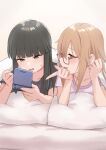  2girls alternate_costume bangs black_eyes black_hair black_shirt blunt_bangs brown_eyes brown_hair commentary_request game_boy_advance glasses handheld_game_console hatsuyuki_(kancolle) highres kantai_collection long_hair lying mochizuki_(kancolle) multiple_girls on_stomach pillow pink_shirt red-framed_eyewear sakieko shirt 