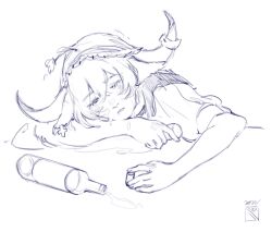  1girl alcohol animal_ears arknights artist_logo blush bottle closed_eyes commentary cow_ears cow_girl cow_horns dated falling_petals flower flower_on_head greyscale horns logo mon0ch monochrome pallas_(arknights) petals sketch sleeping solo white_background wine_bottle 