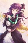  1girl arm_up beads breasts cowboy_shot dress gradient_hair highres hijiri_byakuren jewelry long_hair long_sleeves looking_at_viewer multicolored_hair necklace orchid_(orukido) puffy_sleeves purple_hair solo touhou 