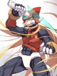  1boy absurdres armor black_eyes blonde_hair commentary_request cowboy_shot forehead_jewel helmet highres long_hair male_focus mega_man_(series) mega_man_x_(series) mega_man_zero_(series) omochi_(mochi_skymega) red_armor red_helmet simple_background solo white_background zero(z)_(mega_man) zero_(mega_man) 