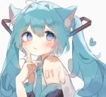  1girl animal_ears aqua_hair aqua_necktie bangs blue_eyes blush cat_ears closed_mouth commentary_request grey_shirt hatsune_miku highres long_hair necktie o_(jshn3457) shirt skirt sleeveless sleeveless_shirt solo tattoo twintails upper_body very_long_hair vocaloid white_background 