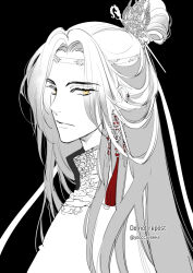  1boy adapted_costume asacobeat black_background chinese_clothes circlet closed_mouth commentary_request earrings expressionless from_side grandmaster_of_demonic_cultivation greyscale hair_ornament hair_stick hanfu headband jewelry lan_wangji long_hair looking_at_viewer male_focus monochrome parted_bangs portrait simple_background solo spot_color tassel tassel_earrings topknot twitter_username upper_body xiao_guan_(headdress) yellow_eyes 