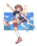  bangs basketball_uniform black_eyes black_hair black_sweater_vest blue_sky brown_hair brown_shorts clouds cloudy_sky collared_shirt collarless_shirt confused hand_up highres kel_(omori) leg_up looking_at_viewer no_shoes omori one_eye_closed open_mouth orange_footwear orange_shorts orange_tank_top pointing pointing_up shirt shoes short_hair short_sleeves shorts sky sleeveless smile socks sportswear standing sunny_(omori) sweater_vest tank_top tree white_background white_shirt white_socks xox_xxxxxx 