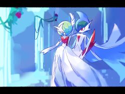  1boy 1girl arm_blade bc_pkm bob_cut cape closed_eyes colored_skin commentary_request dress elbow_gloves gallade gardevoir gloves green_hair hair_over_one_eye highres korean_commentary mega_gallade mega_gardevoir mega_pokemon pillar pokemon pokemon_(creature) red_eyes weapon white_cape white_dress white_gloves white_skin 
