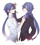  2girls adjusting_clothes bangs black_hair black_jacket blue_eyes closed_mouth collared_shirt dual_persona food food_in_mouth fu_hua glasses grey_necktie hand_in_pocket honkai_(series) honkai_impact_3rd jacket long_hair looking_at_another multiple_girls necktie pocky purple_shirt shirt simple_background verus white_background white_shirt 