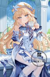  1girl bare_shoulders blonde_hair blue_eyes breasts closed_mouth commentary cross-shaped_pupils cup day detached_sleeves dress facial_mark forehead_mark genshin_impact hand_on_own_face hands_up hat highres holding holding_cup light_blush long_hair looking_at_viewer medium_breasts nicole_(genshin_impact) outdoors pantyhose sitting sleeveless sleeveless_dress smile solo star_(symbol) star_facial_mark sukiyart symbol-shaped_pupils teacup untranslatable_commentary very_long_hair watermark white_dress white_hat white_pantyhose white_sleeves 