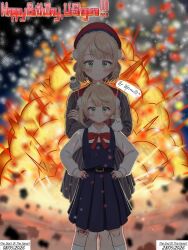  2girls animal_on_head animal_on_shoulder bandaid beret bird bird_on_head bird_on_shoulder blonde_hair blush closed_mouth english_commentary english_text explosion fire green_eyes hat highres ibispaint_(medium) jacket long_sleeves looking_at_viewer multiple_girls on_head original pleated_skirt school_uniform serafuku shigure_ui_(vtuber) shigure_ui_(young)_(vtuber) short_hair skirt smile smoke virtual_youtuber wyverndx8 