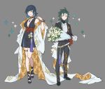  1boy 1girl alternate_costume bangs black_dress black_footwear black_jacket black_pants blue_hair bouquet bracelet breasts closed_mouth diagonal_bangs dice dress facial_mark flower forehead_mark full_body genshin_impact green_hair grey_background highres holding holding_bouquet jacket jewelry long_sleeves medium_breasts o-ring pants papajay_(jennygin2) parted_lips short_hair simple_background sparkle standing symbol-only_commentary tassel thigh_strap white_flower xiao_(genshin_impact) yelan_(genshin_impact) 