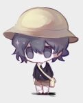  1boy bag black_jacket blue_eyes brown_shorts chibi child chinese_commentary collared_shirt commentary_request dark_blue_hair dice156 full_body hair_between_eyes hat jacket kindergarten_uniform long_sleeves male_child male_focus no_mouth no_nose saibou_shinkyoku school_hat shirt short_hair shorts simple_background socks solo standing utsugi_noriyuki white_background white_shirt white_socks yellow_bag yellow_headwear younger 