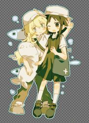  2girls ahoge alternate_costume bag black_dress black_eyes black_hair blonde_hair blue_eyes blush blush_stickers bubble chito_(shoujo_shuumatsu_ryokou) commentary dress fish full_body hat long_hair multiple_girls nuko_(shoujo_shuumatsu_ryokou) one_eye_closed open_mouth pants shirt shoes shoujo_shuumatsu_ryokou shoulder_bag smile sneakers socks untranslatable_commentary v white_hat white_shirt white_socks wssjzwcmd yuuri_(shoujo_shuumatsu_ryokou) 