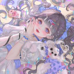 1girl black_ribbon blue_bow blue_eyes bracelet braid brown_hair choker dog flip_phone hair_bow hair_ornament hairclip hands_together hands_up highres jewelry lips lipstick looking_at_viewer non-web_source original polka_dot puffy_short_sleeves puffy_sleeves ribbon short_sleeves solo twintails xiangtou0529