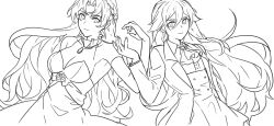 2girls absurdres amyucheu closed_mouth commentary_request dress formal_clothes fu_hua greyscale highres honkai_(series) honkai_impact_3rd jacket long_hair long_sleeves looking_at_viewer monochrome multiple_girls murata_himeko simple_background smile wedding_dress white_background white_dress 