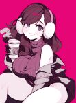  1girl bare_shoulders breasts coffee earmuffs grin highres jacket jacket_partially_removed large_breasts original parororo red_background sitting sleeveless smile solo sweater thighs turtleneck turtleneck_sweater 