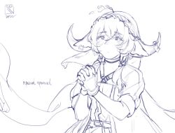  1girl animal_ears arknights artist_logo blush commentary cow_ears cow_girl cow_horns dated falling_petals flower flower_on_head gloves greek_text greyscale horns interlocked_fingers logo mon0ch monochrome own_hands_together pallas_(arknights) petals sketch solo white_background 