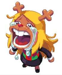  1girl antlers blonde_hair buck_teeth checkered_sweater_vest chopper_crying_(meme) crying crying_with_eyes_open deer_antlers deer_girl deltarune discount-supervillain furry furry_female hooves horns long_hair long_sleeves meme noelle_holiday one_piece open_mouth pixel_art reindeer_girl shirt solo tears teeth two-tone_sweater_vest utdr_(toby_fox) 