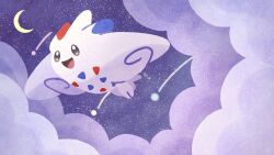  clouds commentary_request crescent_moon happy highres moon night no_humans open_mouth pokemon pokemon_(creature) pokemon_focus ririko_(nagareboshi) shooting_star smile solo togekiss wings 