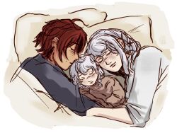  1boy 2girls ahoge baby braid closed_eyes family father_and_child father_and_daughter grey_hair group_hug hair_ornament hairclip highres holding hug kirifuji_nozomi long_hair mother_and_child mother_and_daughter multiple_girls multiple_hairclips parent_and_child pillow red_hair shirt short_hair sleeping sleeping_on_person smile sumino_takumi suminocd the_hundred_line_-last_defense_academy- white_hair white_shirt 