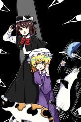  2girls adjusting_clothes adjusting_headwear black_background black_capelet black_hat black_skirt blonde_hair bow bowtie brown_eyes brown_hair buttons calico_(pattern) calico_cat capelet cat collared_dress collared_shirt commentary contrast_collar disembodied_eye dress fish gap_(touhou) hair_bow hat hat_bow highres kuronon long_skirt long_sleeves maribel_hearn medium_hair mob_cap multiple_girls purple_dress red_bow red_bowtie shirt skirt sleeve_garter touhou usami_renko violet_eyes white_hat white_shirt 