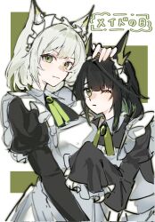  2girls animal_ears arknights black_hair cat_ears cat_girl closed_mouth commentary corrupted_twitter_file enmaided frilled_sleeves frills gem green_eyes green_hair grey_hair hand_on_another's_head headpat highres kal'tsit_(arknights) long_sleeves maid maid_day maid_headdress mon3tr_(arknights) multicolored_hair multiple_girls official_alternate_costume one_eye_closed short_hair single_sleeve_past_fingers sketch streaked_hair translated upper_body wanderingfox 